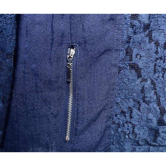 Chico's 1 M 8 10 Navy Blue Sheer Lace 3/4 Sleeves Open Front Zip Pockets Jacket - Picture 9 of 10